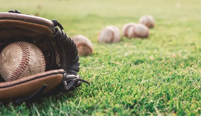 Baseball mitt and six baseballs laying on the grass